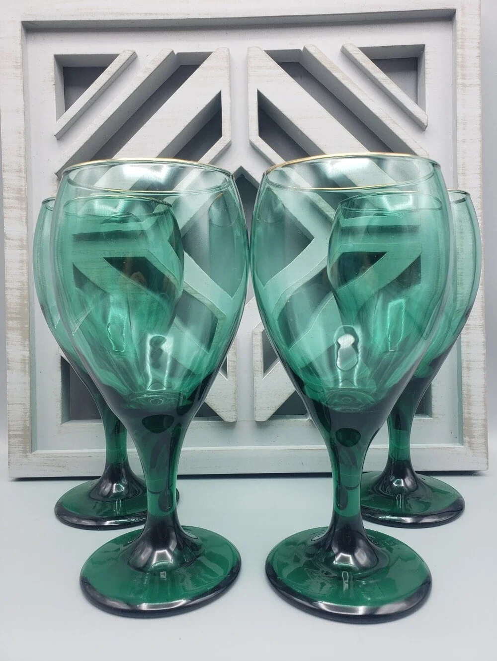 Gold Rimmed Teal Green Ombre Long Stem Wine Goblet - 4 - 8.5 oz